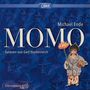 "MOMO" von Michael Ende, gelesen von Gert Heidenreich. Illustration: Kind mit Blume, hintergründig Silhouetten., 2 MP3-CDs