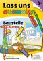 "Lass uns ausmalen. Baustelle. Der Kipper fährt mit Sand zum Haus und kippt dort seine Ladung aus. Illustration mit Bagger."