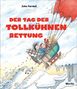 "Der Tag der tollkühnen Rettung" steht in großen roten Buchstaben. Drei Personen sitzen in einem Schlitten über einer Schlucht., Buch