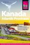"Reise Know-How" Logo, "Kanada Atlantik-Provinzen", Küstenszene mit Häusern, Straße und Felsen im Sonnenuntergang., Buch