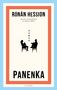 „Rónán Hession“, „Panenka“, „Roman“, „Blessing“. Zwei Silhouetten, die auf Stühlen sitzen, in Gesprächshaltung., Buch