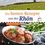 "Die besten Rezepte aus der Rhön". Ein Teller mit Fleischbällchen und ein Feld voller Schafe. Logo unten., Buch