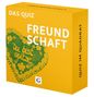Text oben: "DAS QUIZ". Groß: "FREUNDSCHAFT". Seite: "QUIZ IM QUADRAT". Herz: "Du bist spitze". Gelber Karton, grünes Herz., Buch