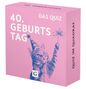 "40. Geburtstag Das Quiz" auf rosa Verpackung, Illustration einer Katze mit Partyhut und Wunderkerze, "Quiz im Quadrat" seitlich., Buch