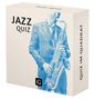 „JAZZ QUIZ“ und „QUIZ IM QUADRAT“ stehen auf einer Schachtel mit einem blauen Saxophonspieler abgebildet., Buch