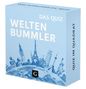 Quiz-Schachtel mit: "Das Quiz", "Weltenbummler", "Quiz im Quadrat". Blauer Hintergrund, Sehenswürdigkeiten-Silhouette., Buch