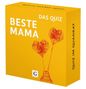 Text: "BESTE MAMA", "DAS QUIZ", "QUIZ IM QUADRAT". Gelbe Schachtel mit gezeichneten Blumen., Buch