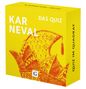 „KARNEVAL“, „DAS QUIZ“, „QUIZ IM QUADRAT“ auf gelber Box. Illustration eines narrenhaften Huts in Rot., Buch