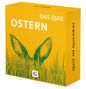 Gelbe Packung mit Texten "OSTERN - DAS QUIZ" und "QUIZ IM QUADRAT". Illustrationen von Hasenohren im Gras, darunter ein "G"., Buch