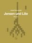 Text: "Josef Kocourek", "Jensen und Lilie", "Roman". Eine pixelartige, symmetrische Illustration in Erdtönen mit einem Logo unten., Buch