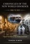Text: "Chronicles of the New World Disorder 1990 to 2022 Part 1: From the Pin to the World Factory Simon Kiwek."  
Ein Frachtschiff, Menschen in Fabriken., Buch
