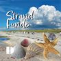 "Strand Funde". Ein Strand mit Muscheln, einem Seestern, Strandkörben und einer Wolkenlandschaft im Hintergrund., Buch