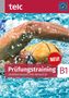 Prüfungstraining B1, Zertifikat Deutsch, neu. Ein Schwimmer in Aktion, Wasser spritzt. Logo von telc oben links., Buch