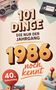 "101 Dinge die nur der Jahrgang 1986 noch kennt. 40. Geburtstag." Illustration mit Kassettenrekorder, Videokassette, Rollschuh und Joystick., Buch