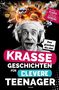 "Krasse Geschichten für clevere Teenager." Enthält das Gesicht eines Mannes mit Kopfhörern, umgeben von bunten, chaotischen Elementen., Buch