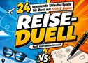 „24 spannende Urlaubs-Spiele für Zwei mit Stift & Papier. REISE-DUELL. Spaß statt Bildschirmzeit.“ Comic-Stil mit Urlaubs-Elementen., Buch