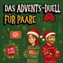 "Das Advents-Duell für Paare" und "24 Tage, 24 Duelle"; Illustration von zwei Personen in Weihnachtspullovern vor Adventskalender., Buch
