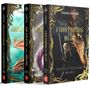 Drei Fantasy-Buchcover zeigen Drachen und Krieger. Auf jedem Cover sind goldene, verzierte Rahmen., Buch