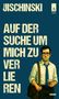 „Mark Jischinski, Auf der Suche um mich zu verlieren“. Illustration: Mann mit Hemd, Krawatte, Tasche, hält ein Glas.