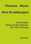Thomas Mann, Drei Erzählungen: Tonio Kröger, Mario und der Zauberer, Der Tod in Venedig. Dromedar. Gelber Hintergrund., Buch