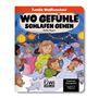 "WO GEFÜHLE SCHLAFEN GEHEN" zeigt Kinder im Schlafanzug, die mit Kuscheltieren auf Matratzen liegen, unter Lichterketten., Buch