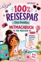 Buchtitel: „100% Reisespaß, Das kreative Mitmachbuch für Mädchen“. Illustration eines Mädchens mit Koffer und Karte am Strand., Buch