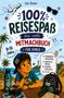 „100% Reisespaß: das coole Mitmachbuch für Jungs, 8-12 Jahre.“ Junge am Strand mit Rucksack, Kamera, und Palme., Buch