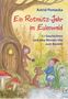 Ein Buchcover mit dem Titel "Ein Rotmütz-Jahr im Eulenwald", 12 Geschichten, monatliche Bastel-Uhr. Illustration: Haus im Baum., Buch