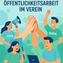 „Öffentlichkeitsarbeit im Verein.“ Menschen mit „Verein“-Shirts, Laptop und Megafon, die High-Fives machen., Buch
