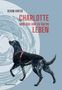 Achim Kinter: "Charlotte und das viel zu kurze Leben". Ein Hund mit rotem Geschirr vor einem grafischen Hintergrund., Buch