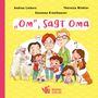 „Om“, sagt Oma. Illustration mit fröhlicher Familie und Tieren vor gelbem Musterhintergrund mit pinkem Logo von Worms Verlag., Buch