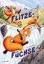 "Flitze-Füchse" und "Kai Oppermann". Illustration von fröhlichen Füchsen, die lebhaft über einen Wasserfall springen., Buch