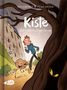 „Kiste: Der hinterhältige Gnom“. Ein Junge und eine fröhliche Kiste rennen an einem Baum vorbei, der gelbe Augen hat., Buch