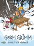 „Gorm Grimm: Schule der Wikinger“. Zwei Figuren, Wikingerkleidung, einer isst ein Buch. Schneebedeckte Landschaft., Buch