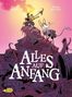 "Alles auf Anfang" in großen weißen Buchstaben. Zwei Figuren, eine Maus und ein kleiner Krieger, stehen auf Elektronikschrott., Buch