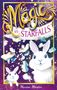 „Magic in Starfalls“ und „Marion Meister“. Illustration mit weißen Kaninchen, Büchern und Sternen vor lila Hintergrund., Buch