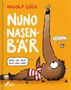 „Nuno Nasenbär“, Illustration: Ein Nasenbär in rot-weiß gestreiftem Shirt liegt mit gestreckter Nase, Vögel darauf sitzend., Buch