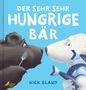 Zwei Bären, ein brauner mit einer Gabel und ein weißer mit Fischen, blicken sich an. Titel: "Der sehr sehr hungrige Bär"., Buch
