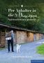 „Per Anhalter in die 5. Dimension. Spiritualität neu gedacht.“ Ein Mann mit Rucksack und Hund geht einen Waldweg entlang., Buch