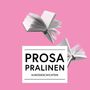 "PROSA PRALINEN KURZGESCHICHTEN" auf rosa Hintergrund mit fliegenden offenen Büchern., Buch
