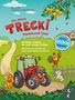 Buchtitel "Der kleine Trecki" auf Deutsch und Ukrainisch. Illustration: Roter Traktor mit fröhlichem Hund, Hahn und Katze.