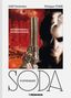 Titel: "Auferstehung/Enthüllungen", "Soda DOPPELBAND". Ein Mann hält eine Pistole, roter Hintergrund mit Stadtansicht., Buch