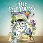 "Hase Hollywood und das Geheimnis des Drachenlandes." Illustration eines Hasen mit Brille und Kapitänsmütze über einem Märchenbuch.