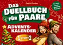 "Das Duellbuch für Paare. Adventskalender. 1 gegen 1." Zwei Personen, lächelnd, in Winterkleidung vor einem weihnachtlichen Hintergrund.
