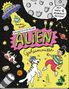 "Galaktisch geheime Alien-Geheimnisse" steht groß auf buntem Hintergrund. UFO, Aliens, Mond und Kinder in cartoonhaftem Stil., Buch