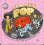 „Planet Pop“ in großen goldenen Buchstaben, darunter eine fröhliche Szene mit drei Musikern auf einer Schallplatte., Buch