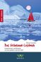 „Das Grönland-Lesebuch“ von Almut Irmscher. Rote Segelboot vor Eisbergen und Vollmond. Logo mit grünen Blättern., Buch
