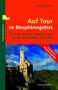 Titel: "Auf Tour im Biosphärengebiet", 26 Wanderungen Schwäbische Alb. Illustration oben rot mit Burg und Wald darunter., Buch