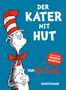 "DER KATER MIT HUT" in großen weißen Buchstaben. Ein illustrativer Kater trägt einen gestreiften Hut., Buch