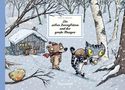 „Die sieben Zwergbären und der große Hunger“ oben, illustrierte Winterlandschaft mit Bären, Katze und Vogel im Schnee., Buch